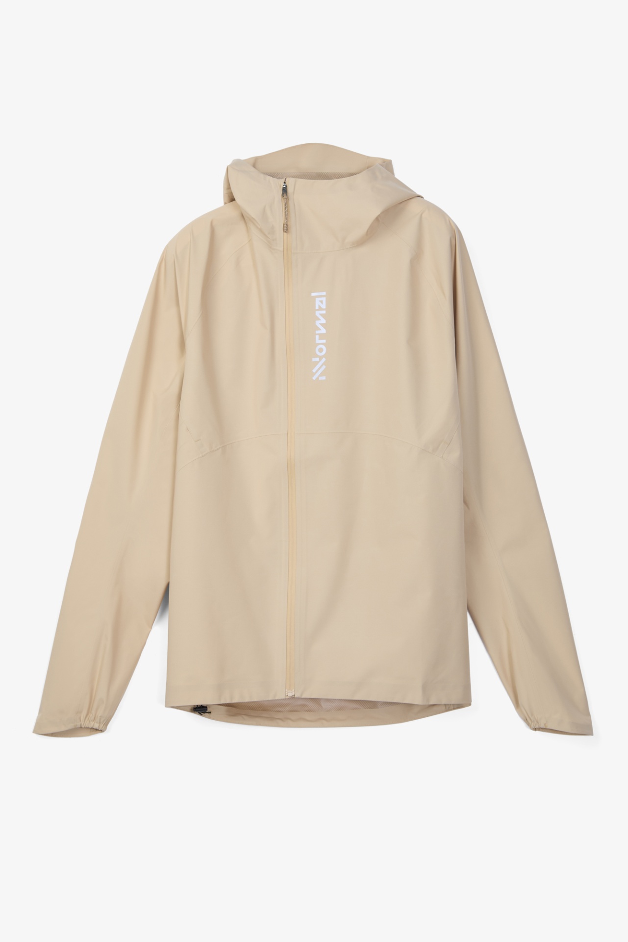 Casaco impermeável bege claro com capuz e fecho de correr frontal
