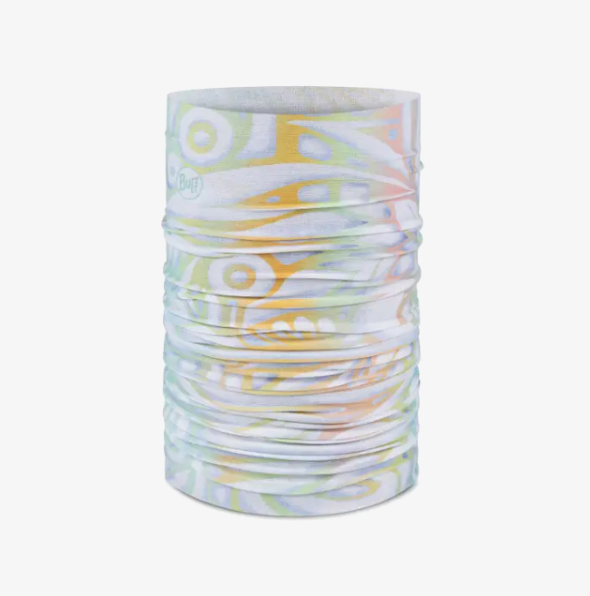 Cachecol tubular branco com padrões coloridos e logótipo BUFF