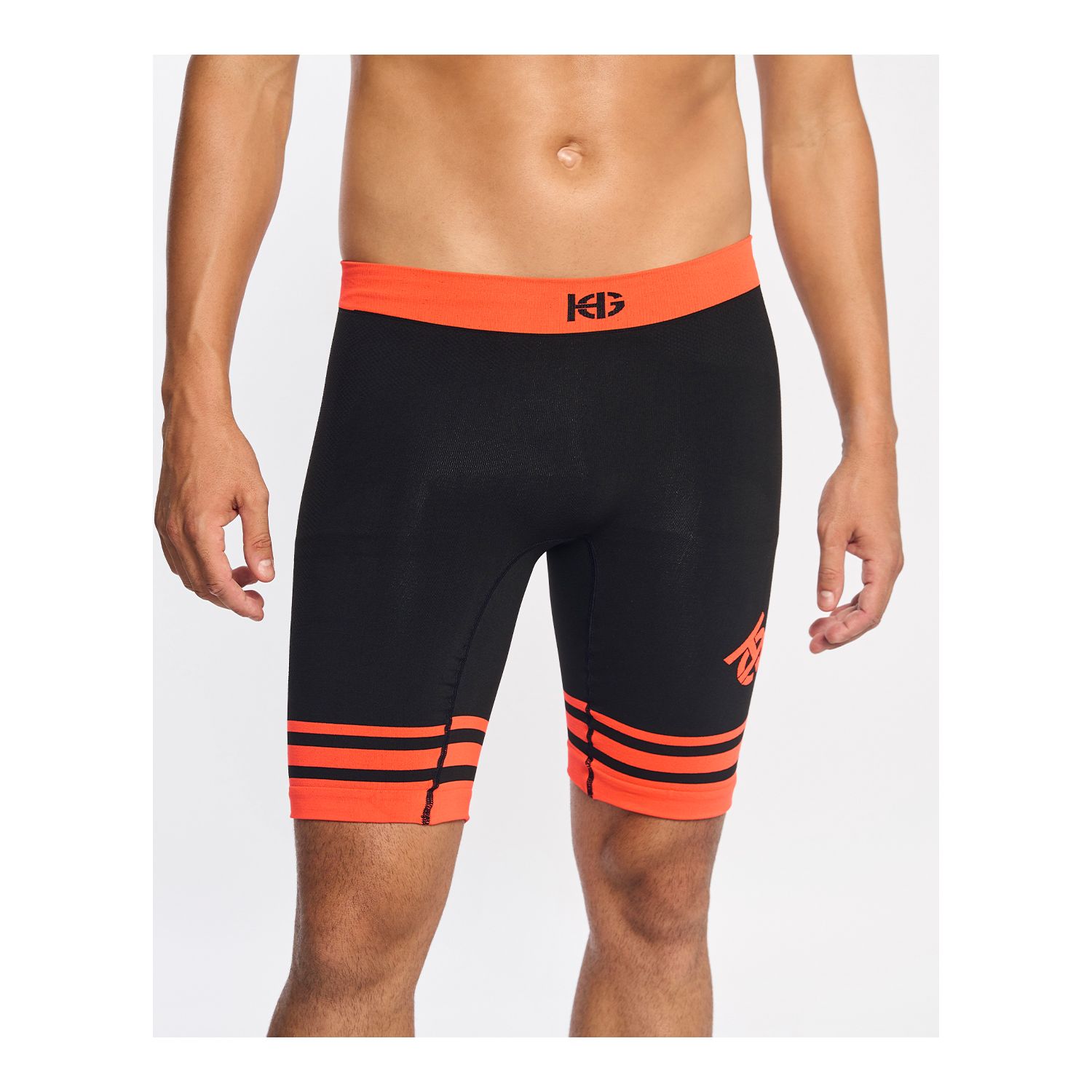 Calções justos pretos com detalhes laranja e cós largo laranja KG