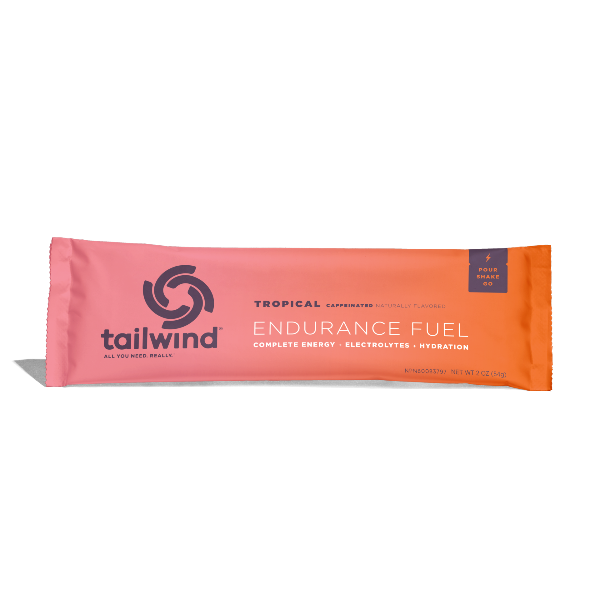 Embalagem rosa e laranja de produto em stick tailwind endurance fuel sabor tropical