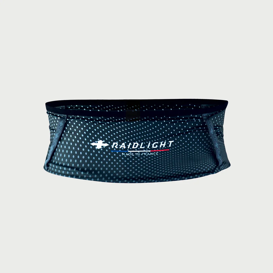Cinta de corrida preta com pontos azuis claros e logótipo RAIDLIGHT