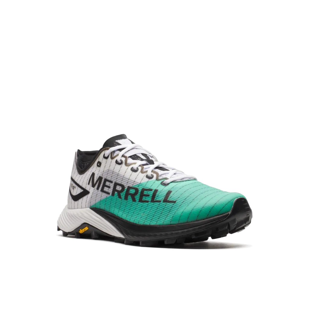 Ténis de corrida Merrell branco, preto e verde água com sola preta