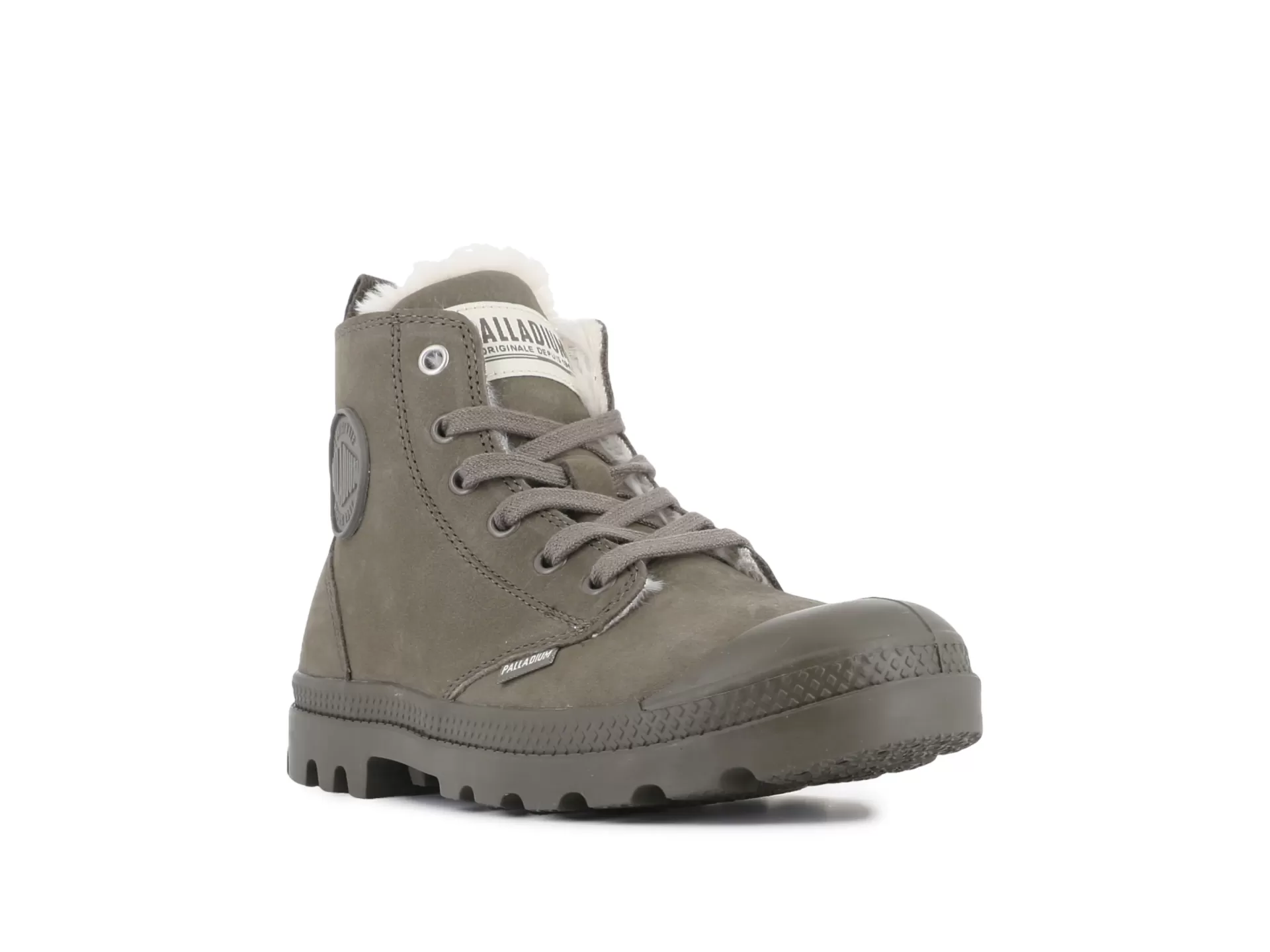 Bota alta cinza com sola robusta e forro de pelúcia branca