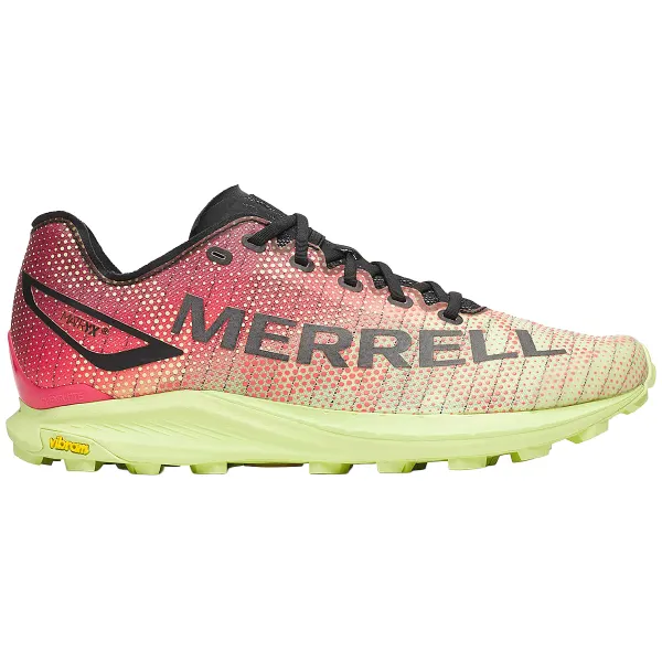 Ténis de corrida Merrell rosa e bege com sola amarela Vibram e atacadores pretos