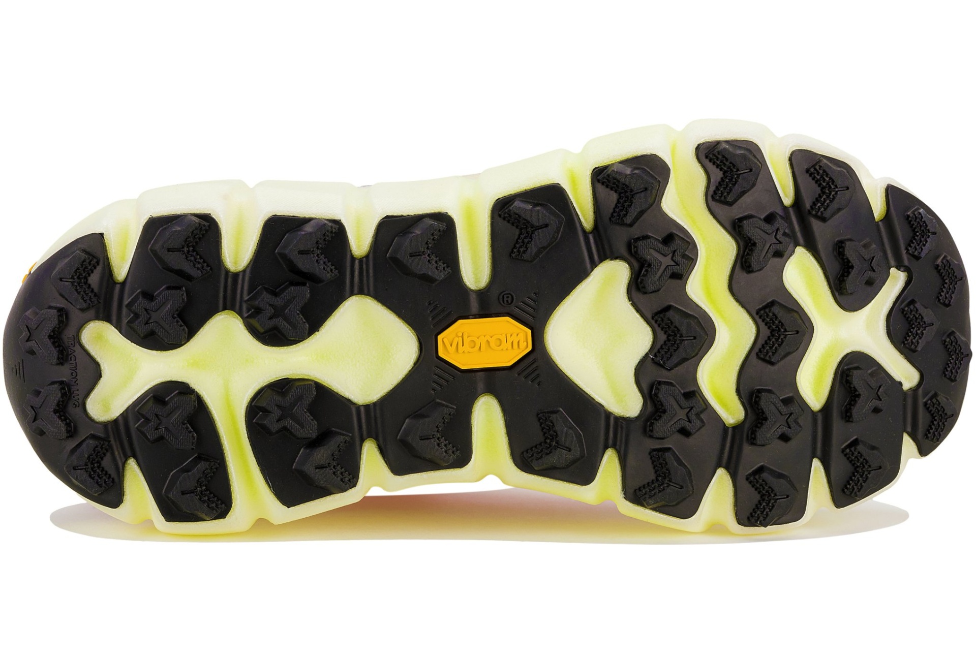 Sola de sapato desportivo preta e amarela com logótipo Vibram