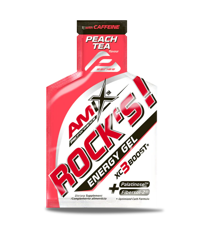 Embalagem vermelha e branca de gel energético AMIX Rocks! sabor chá de pêssego