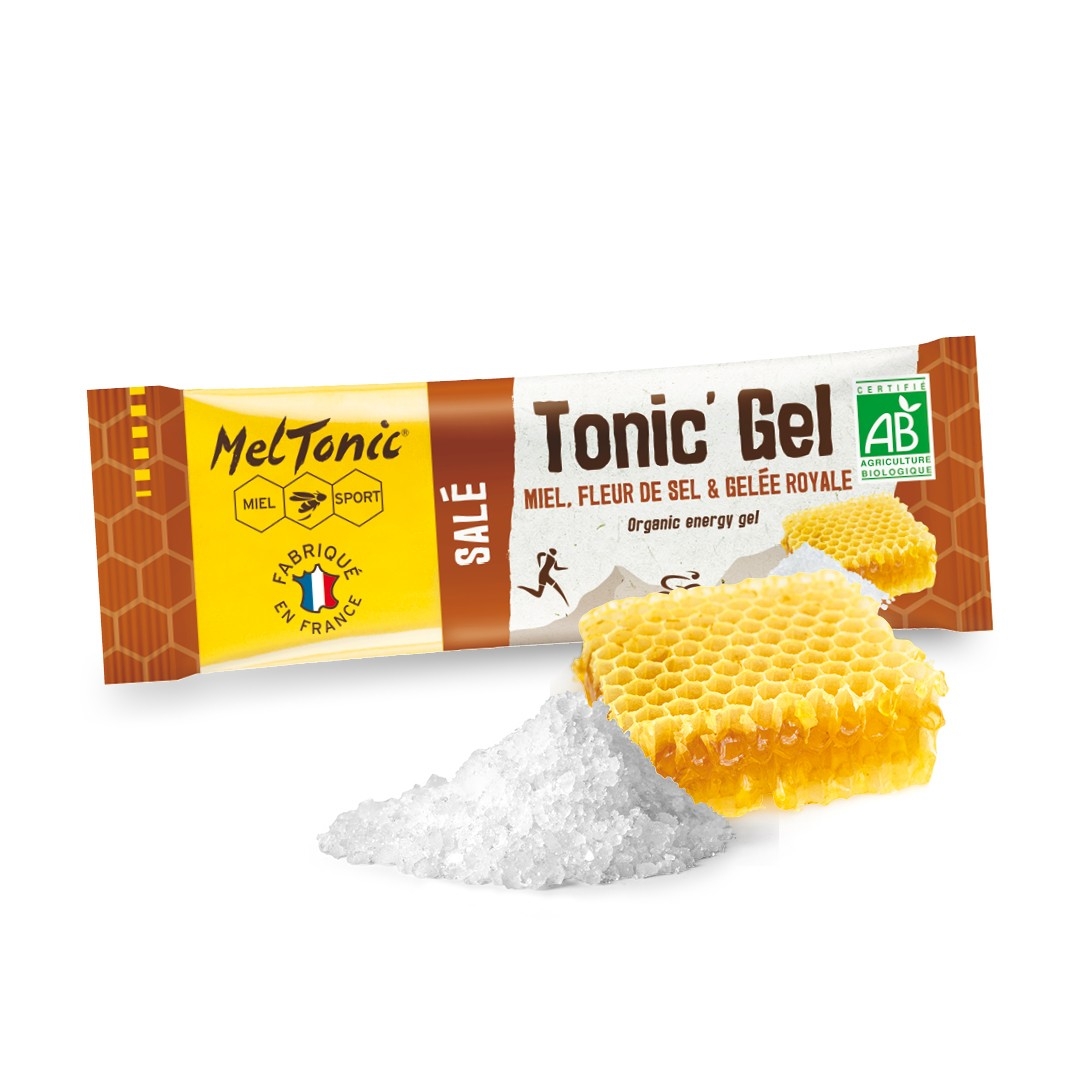 Gel energético MelTonic Tonic' Gel com mel, flor de sal e gelée royale, embalagem e ingredientes visíveis