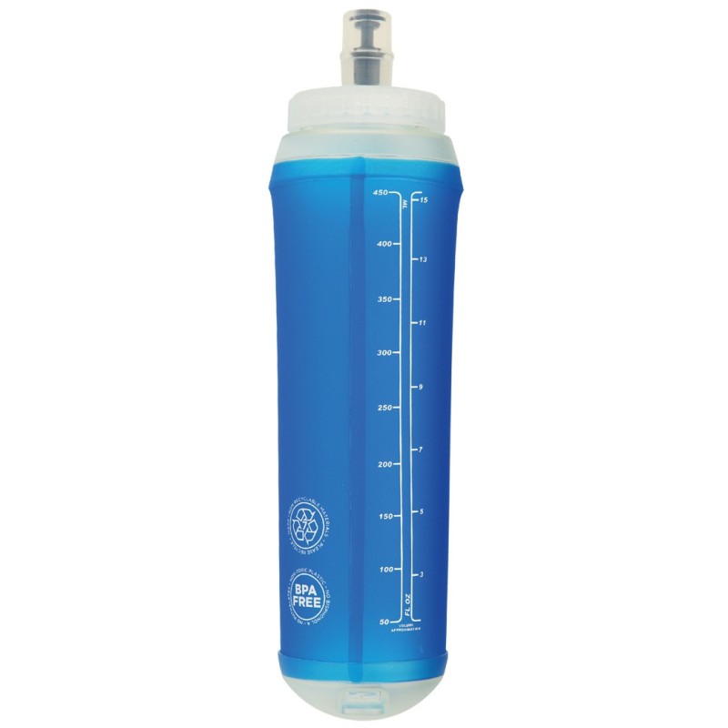 Garrafa desportiva azul com marcação de volume e selo BPA FREE
