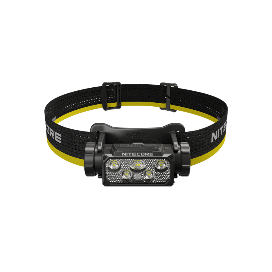 Lanterna de cabeça preta e amarela com LEDs