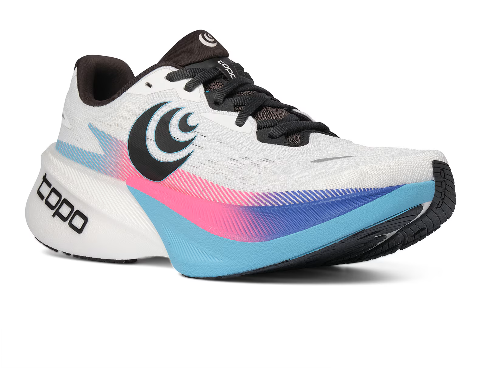 Ténis desportivo branco com detalhes em rosa, azul e preto