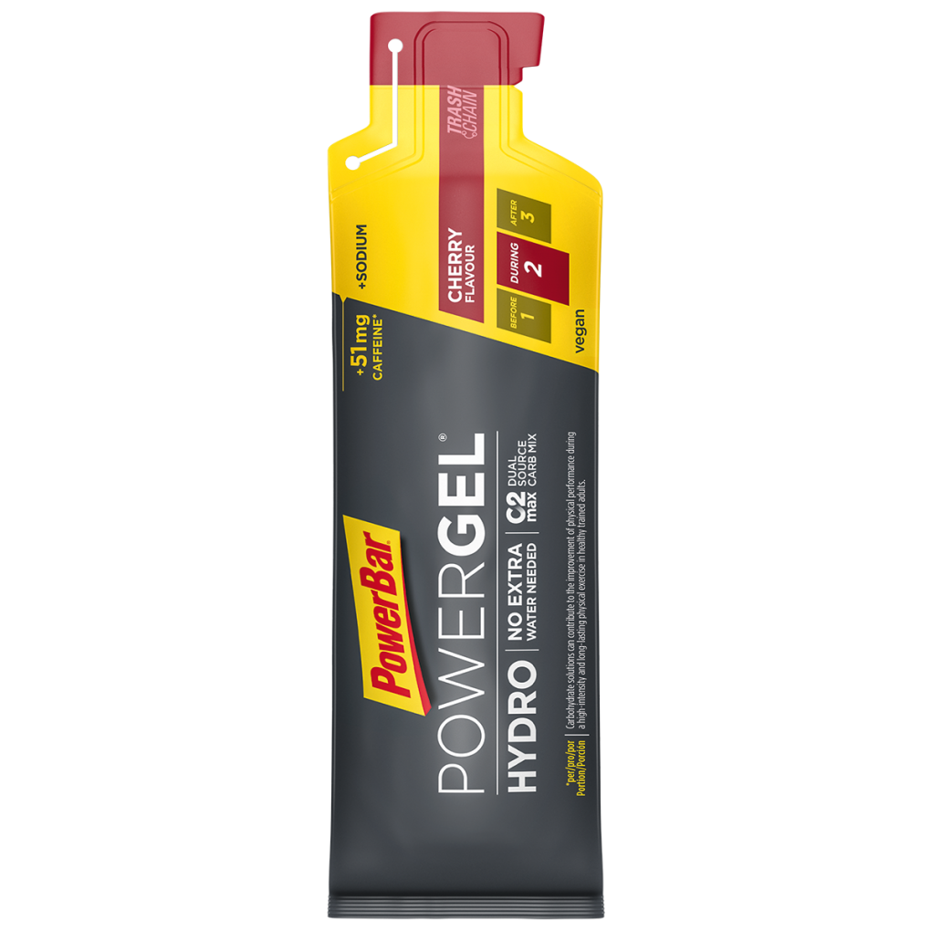 Gel energético PowerBar PowerGel Hydro Extra sabor Cherry Burst em embalagem amarela, vermelha e preta