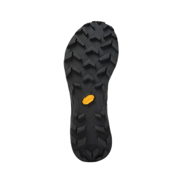 Sola de sapato preta com padrão de tração e logotipo amarelo VIBRAM