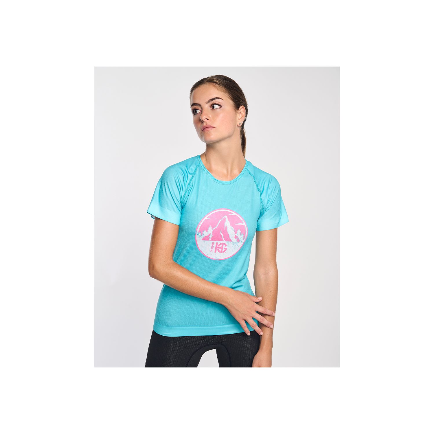 T-shirt desportiva azul clara com estampado redondo cor-de-rosa e branco