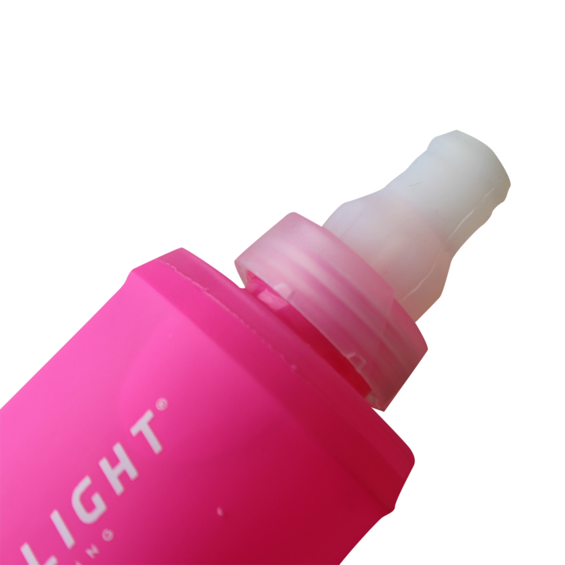 Frasco plástico rosa com tampa branca e texto parcial 'LIGHT'