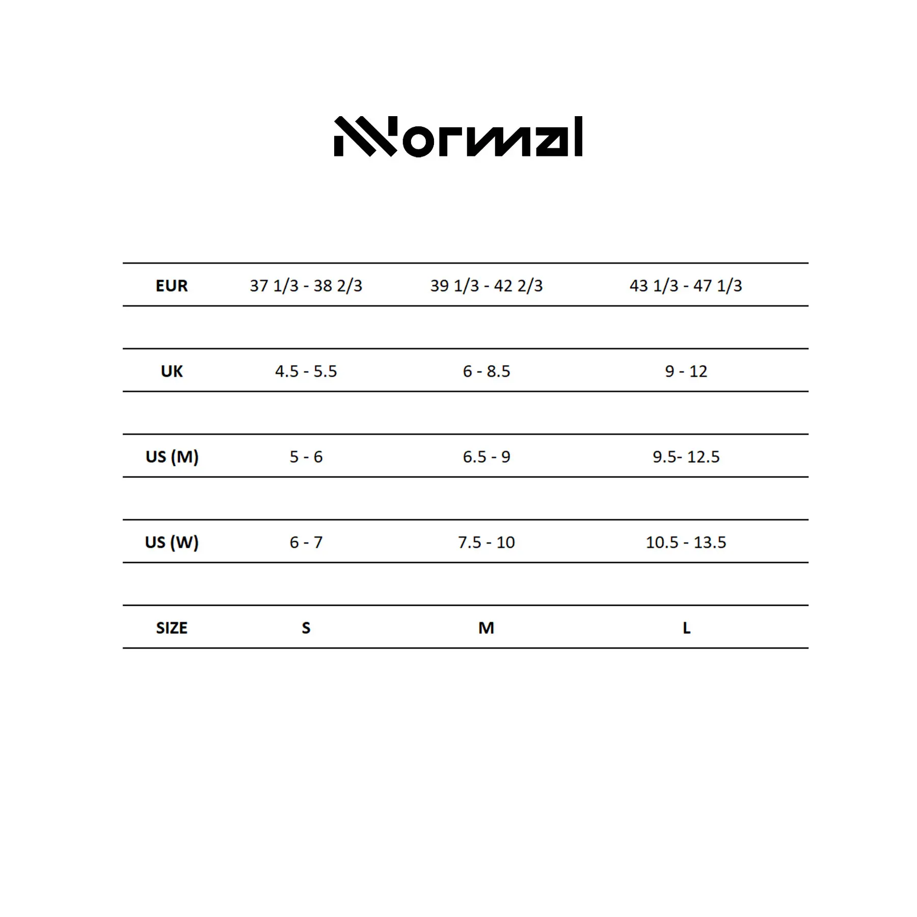 Tabela de tamanhos Normal com conversão EUR, UK, US e tamanhos S, M, L