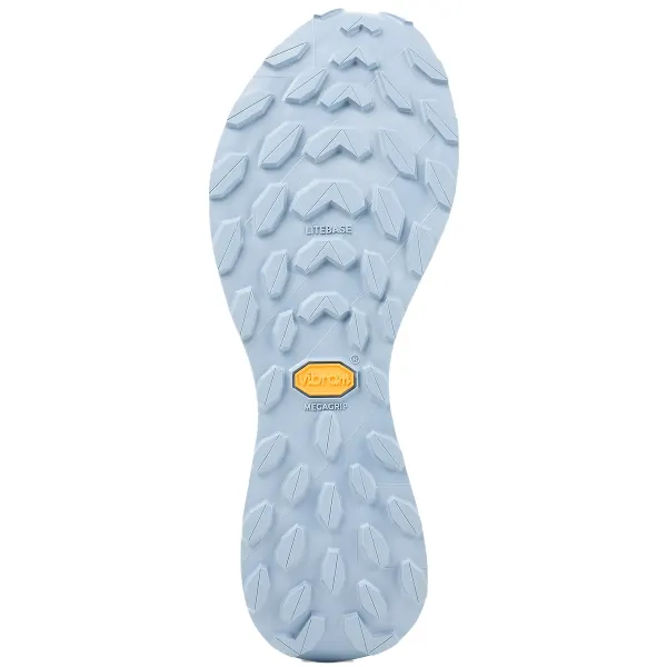 Sola de sapato cinza com padrão de tração e etiqueta amarela Vibram