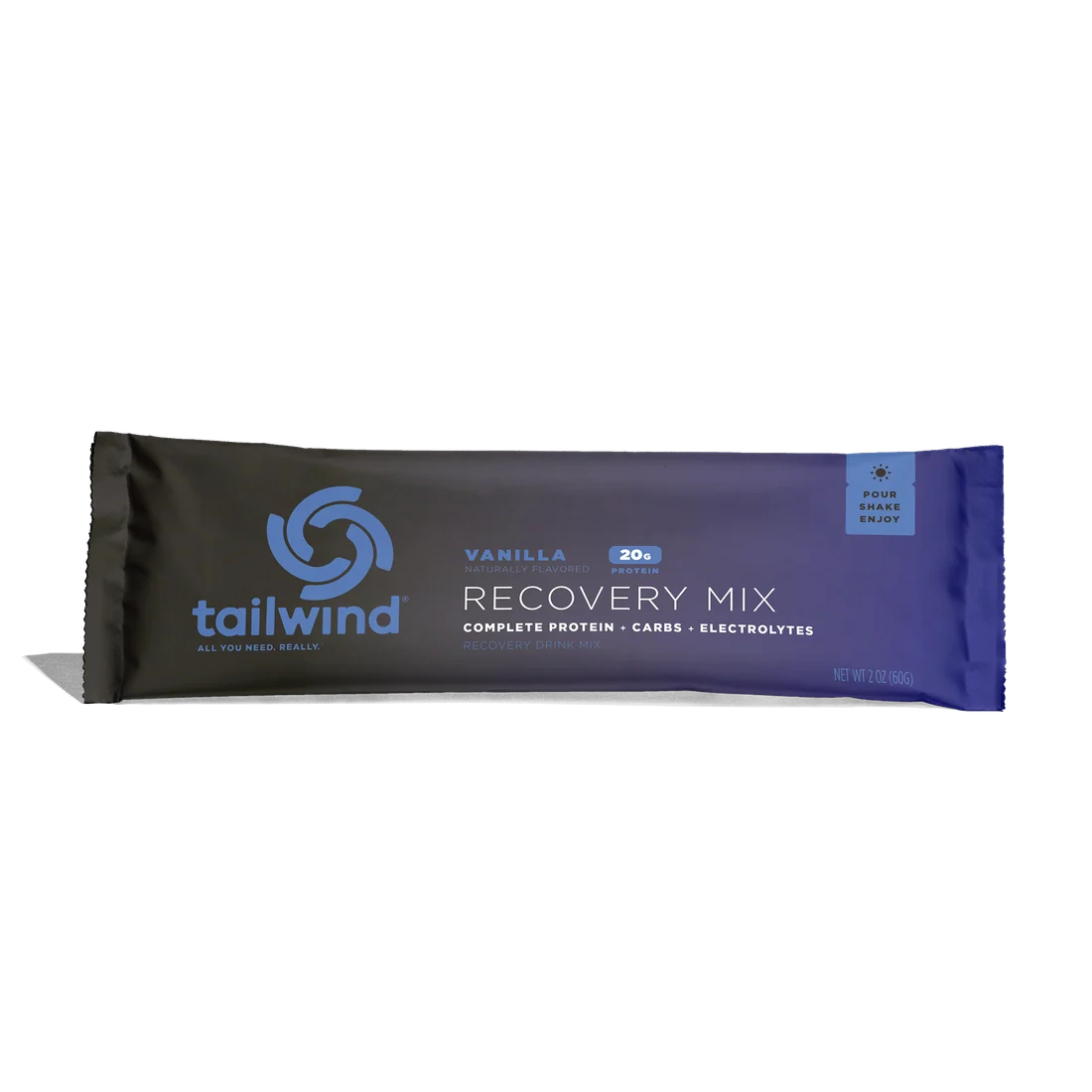 Saco roxo e preto de mistura para recuperação sabor baunilha Tailwind com texto e informações nutricionais