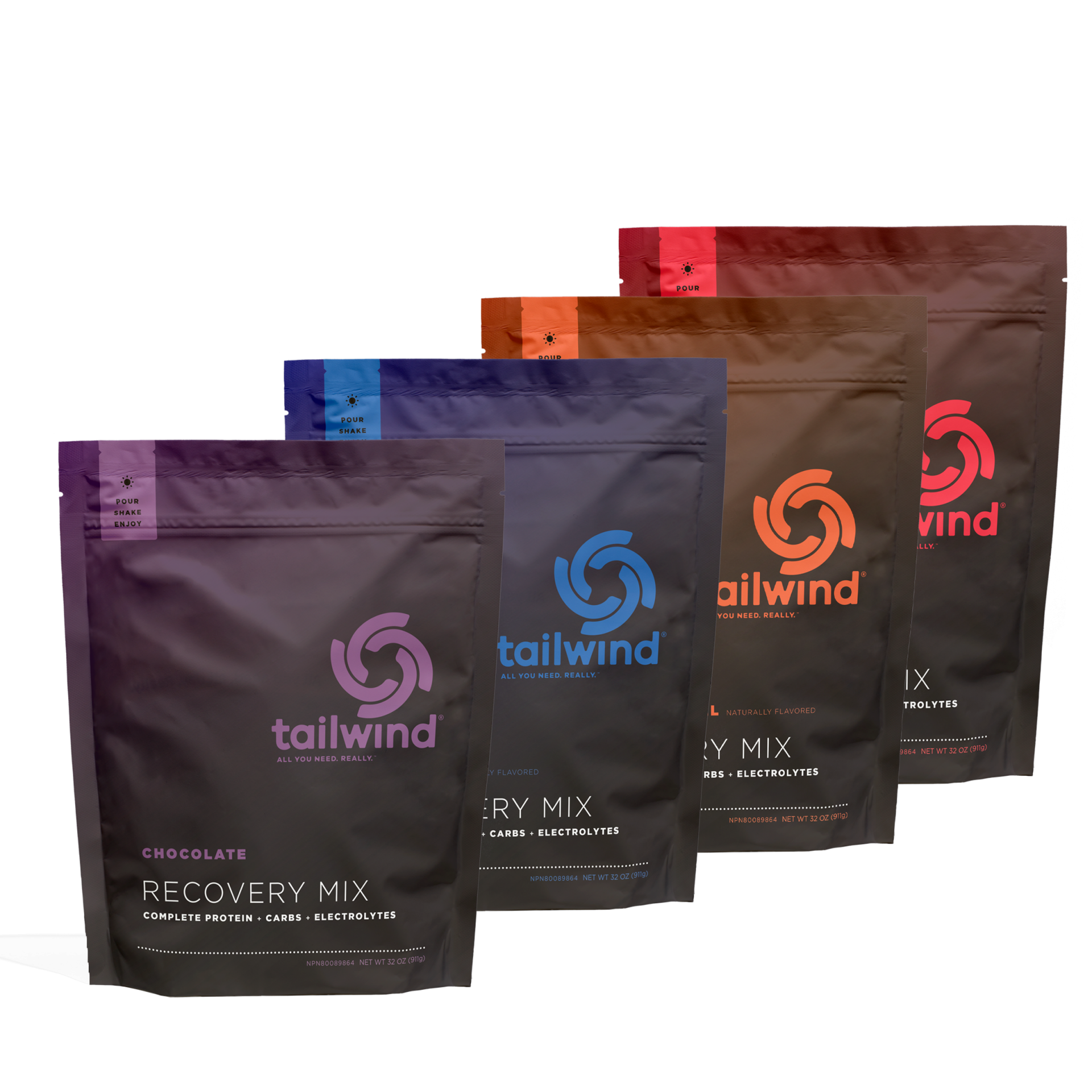 Quatro embalagens tailwind Recovery Mix em várias cores na parte superior