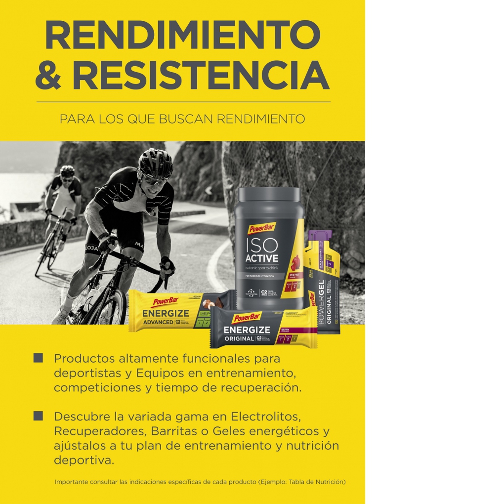 Produtos PowerBar para rendimento e resistência com ciclistas ao fundo