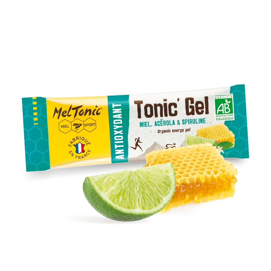 Gel energético Tonic' Gel MelTonic com mel, acerola e spirulina, embalagem colorida, lima e favo de mel