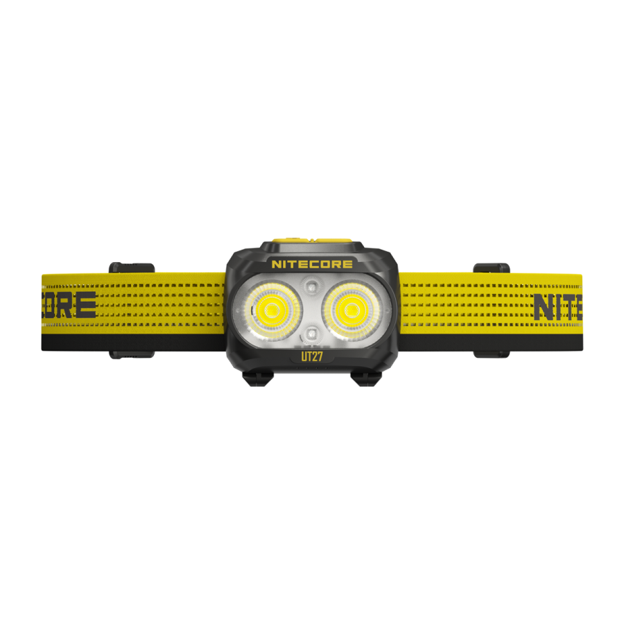 Lanterna frontal NITECORE UT27 com duas luzes LED e fita amarela