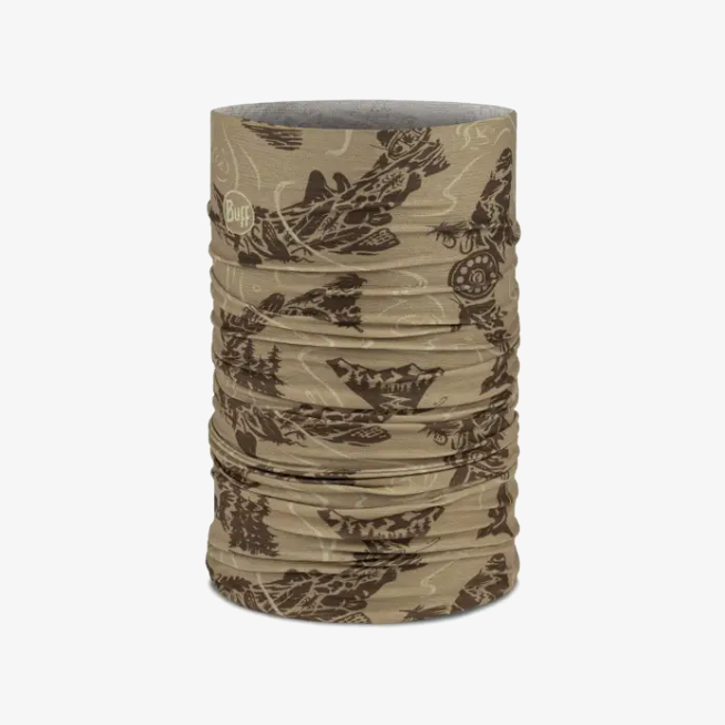 Cachecol tubular bege com estampas castanhas e logótipo Buff branco