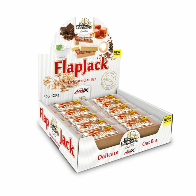 Expositor com barras FlapJack Delicate Oat Bar da AMIX com embalagens e gráfico de aveia e chocolate