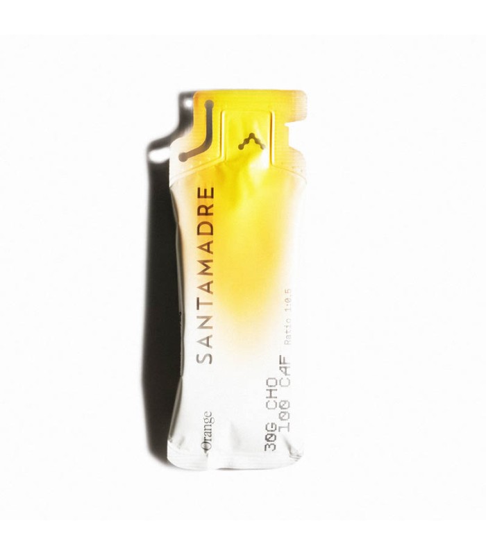 Ampola de vidro amarela com rótulo SANTAMADRE