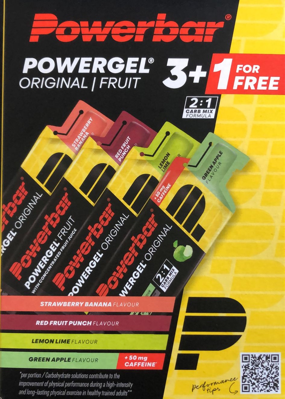 Embalagem de géis energéticos Powerbar Powergel vários sabores com promo 3+1