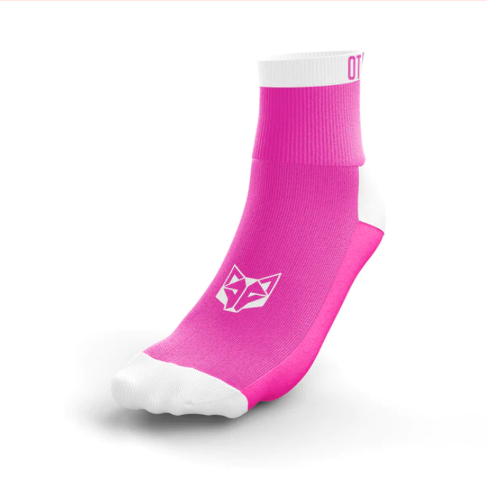 Meia desportiva rosa com logótipo branco de raposa