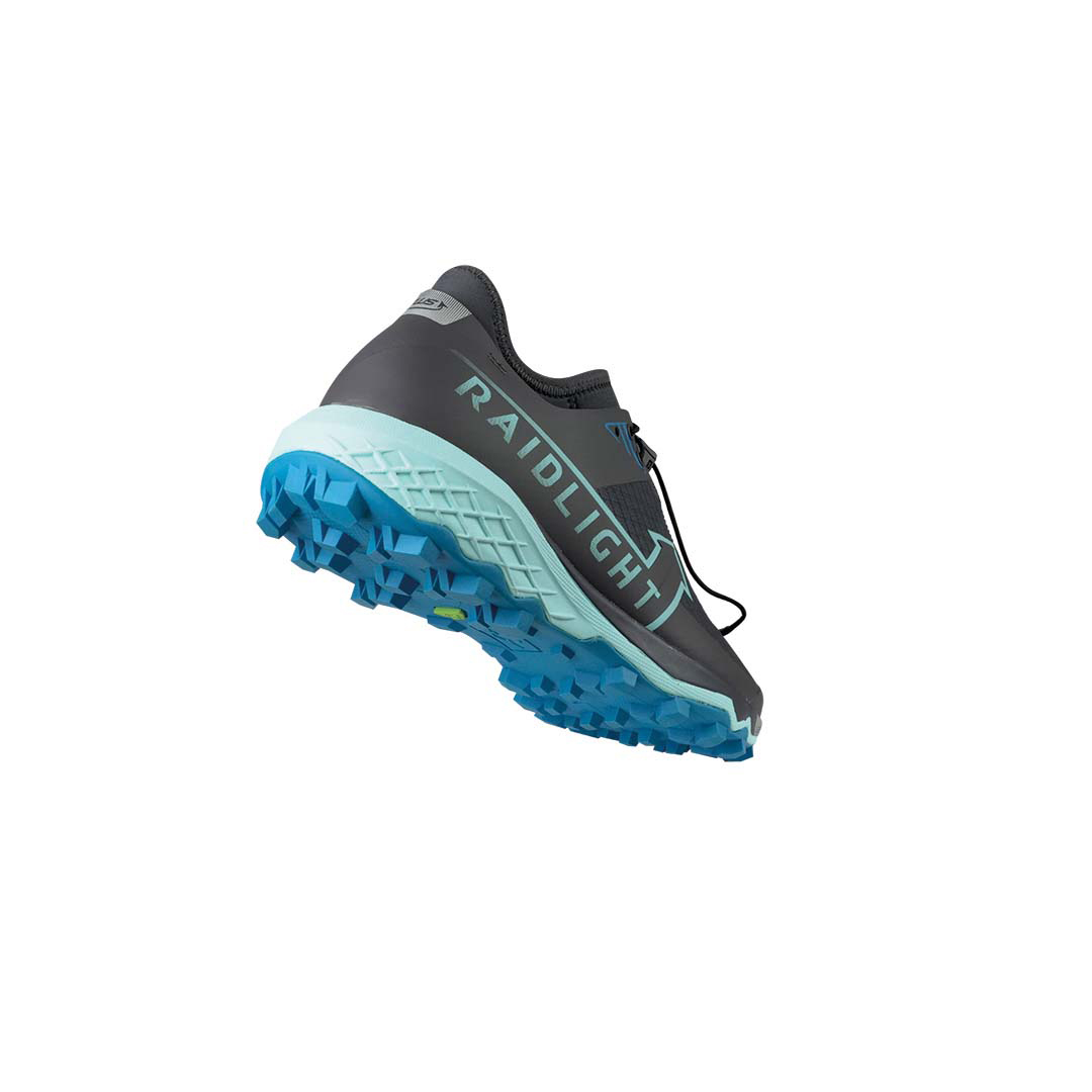 Tênis esportivo Raidlight cinza e azul com sola antiderrapante azul