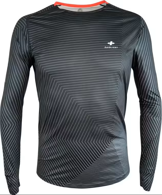 Camisola desportiva cinza de manga comprida com padrão geométrico e texto RAIDLIGHT