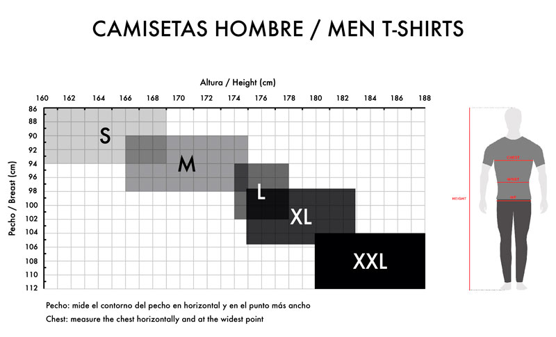 Tabela de tamanhos para camisetas de homem com altura e peito em cm e tamanhos S a XXL