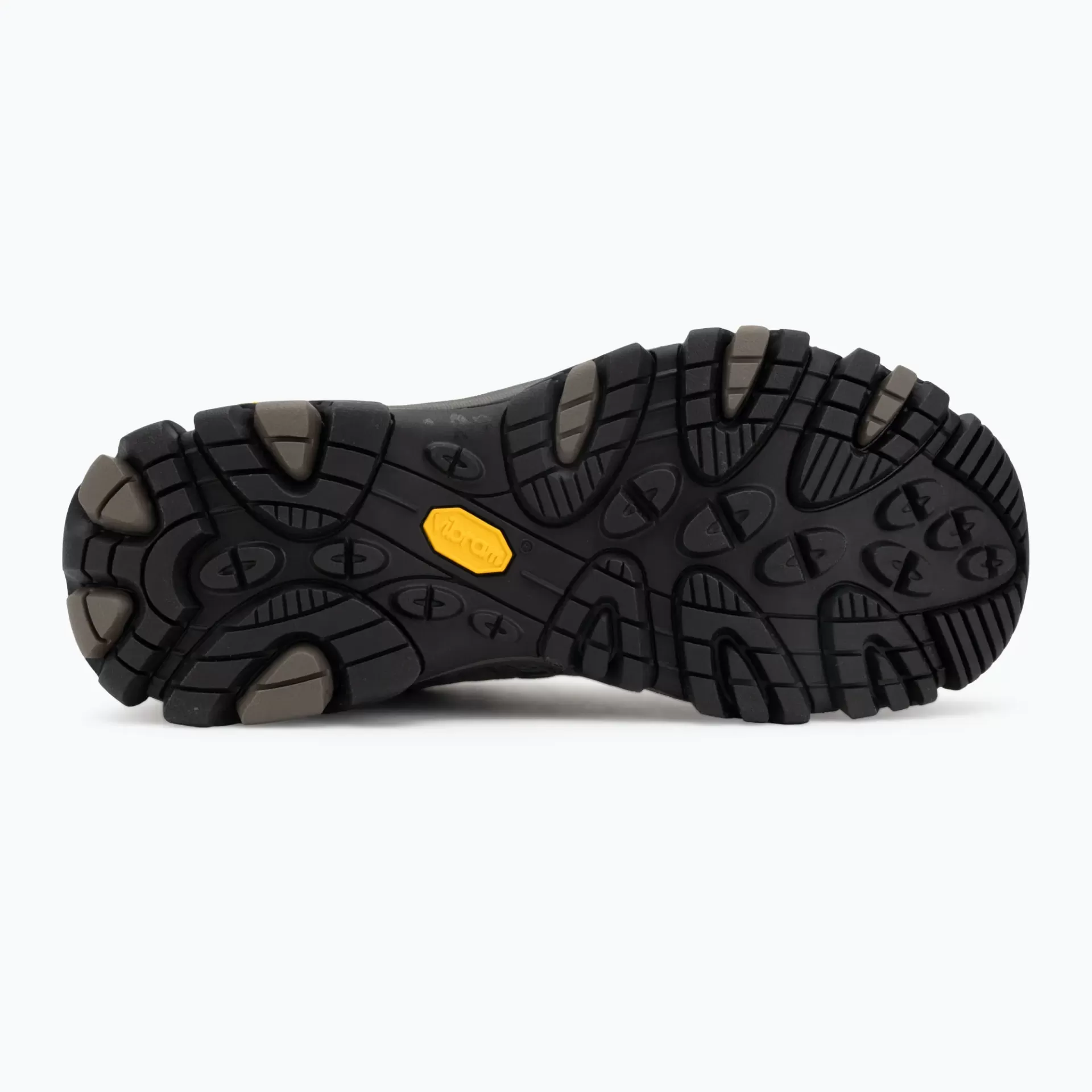 Sola de sapato preto com recortes cinza e emblema amarelo Vibram