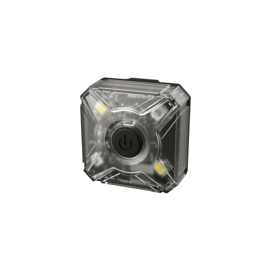 Caixa transparente quadrada com botão de power preto no centro.