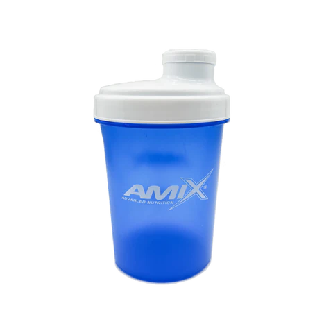 Coqueteleira azul com tampa branca e logo AMIX