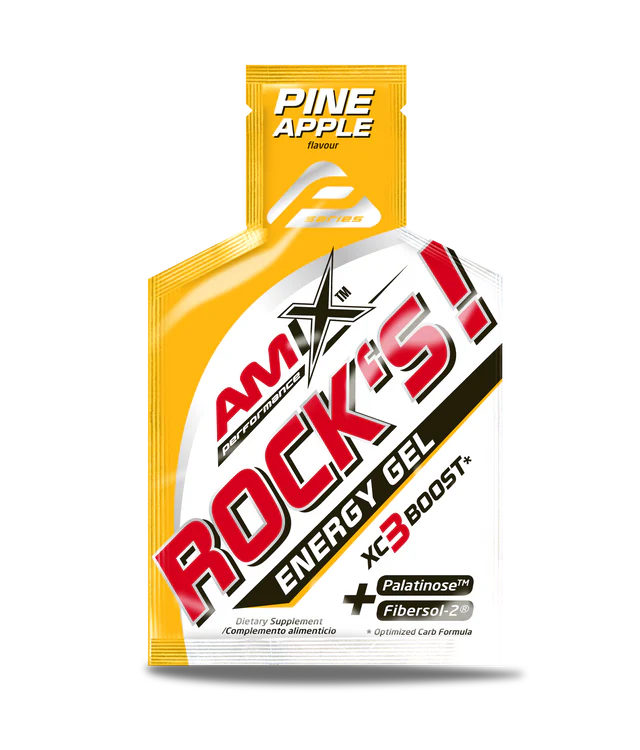 Sachê de gel energético AMIX ROCKS! sabor ananás com ingredientes e informações nutricionais