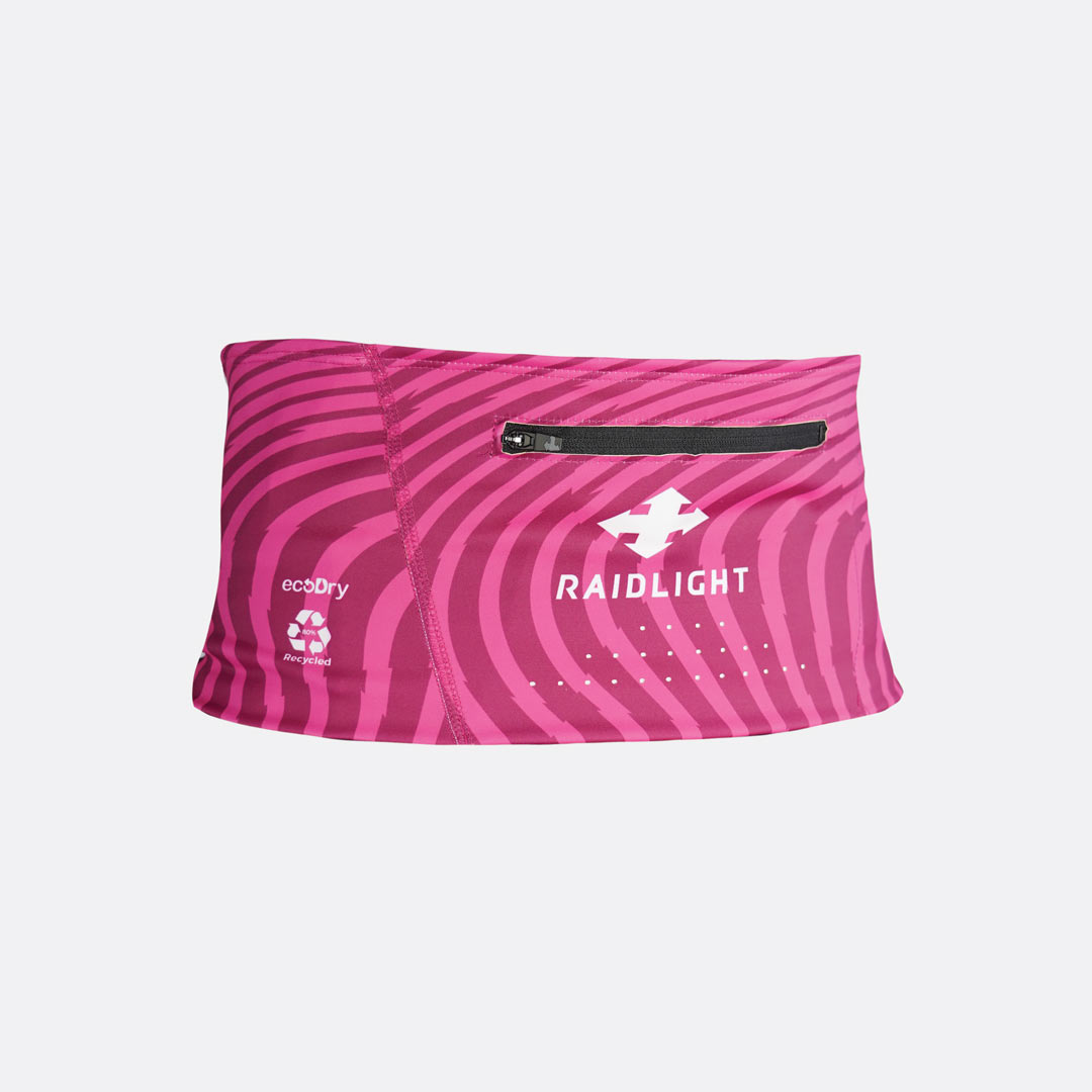 Cinto desportivo rosa com padrão ondulado, bolso com fecho e logotipos Raidlight e ecodry