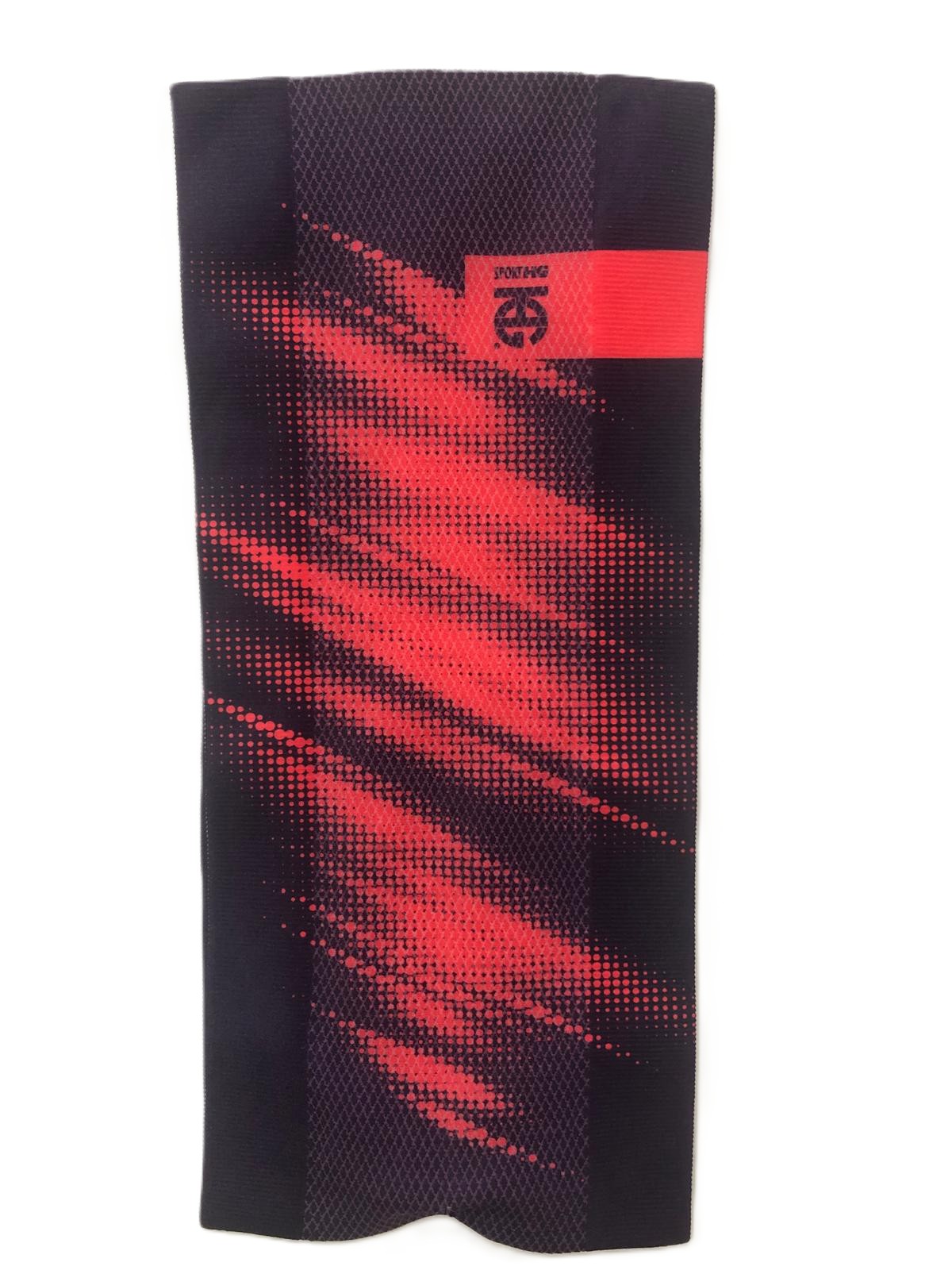 Meia desportiva preta com padrão vermelho e texto SPORTING 75