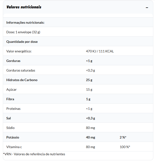 Tabela nutricional em português com valores de dose, energia, gorduras, hidratos, açúcar, fibra, proteínas, sal, sódio, potássio e vitamina C.