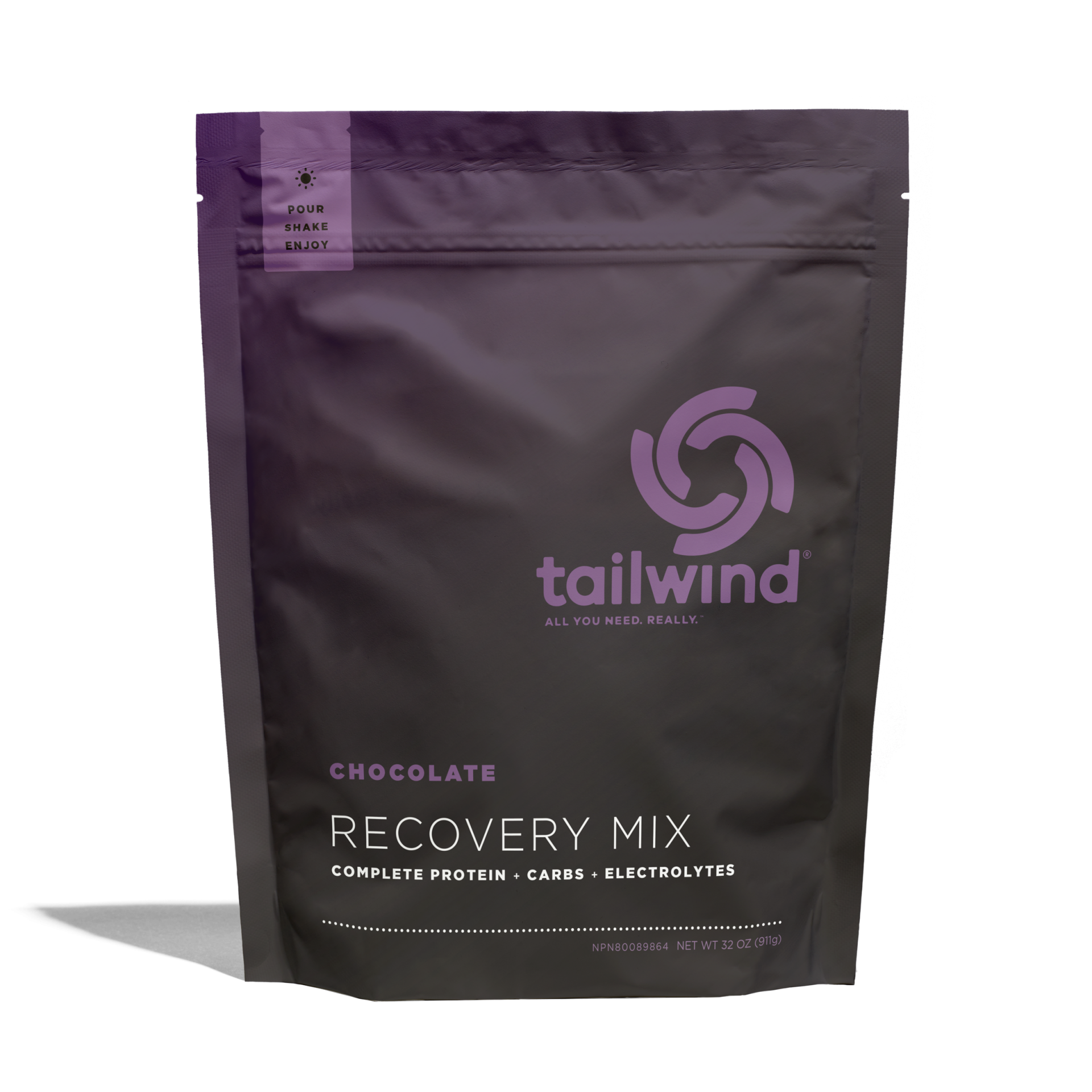 Pacote preto de Tailwind Recovery Mix sabor chocolate com texto roxo