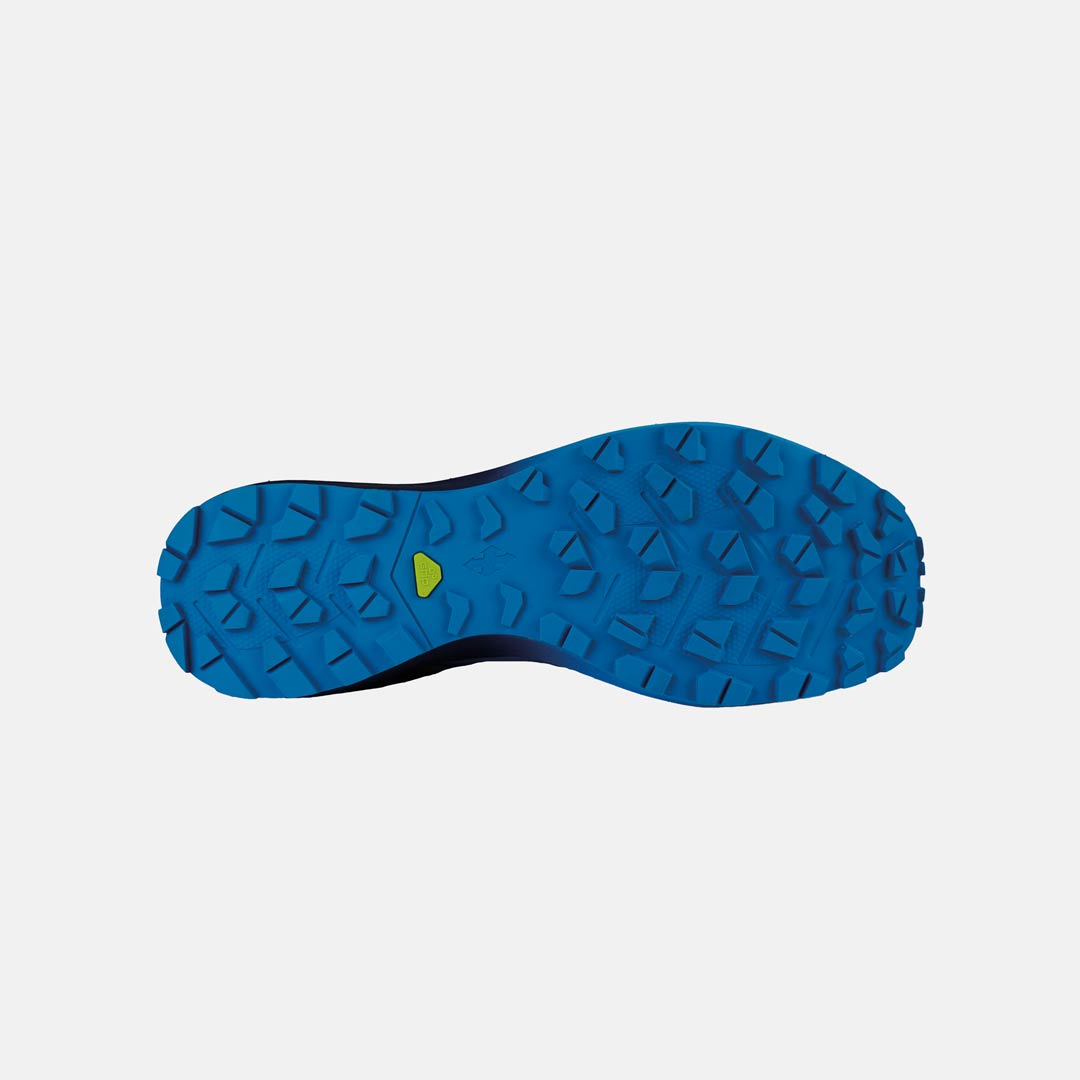 Sola de sapato azul com padrão de aderência irregular e detalhe amarelo.