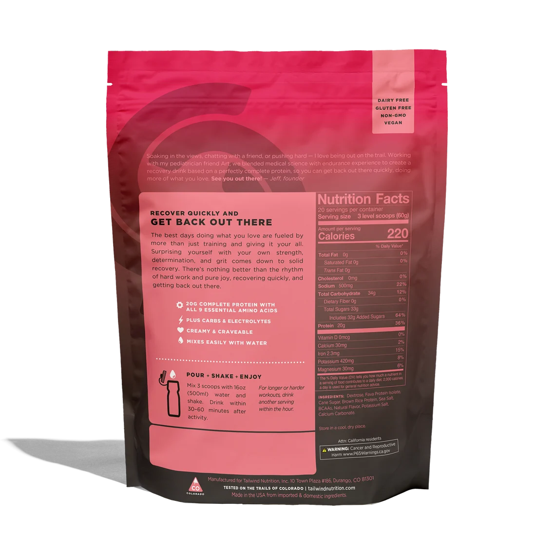 Saco rosa e vermelho de suplemento alimentar com informação nutricional e ingredientes