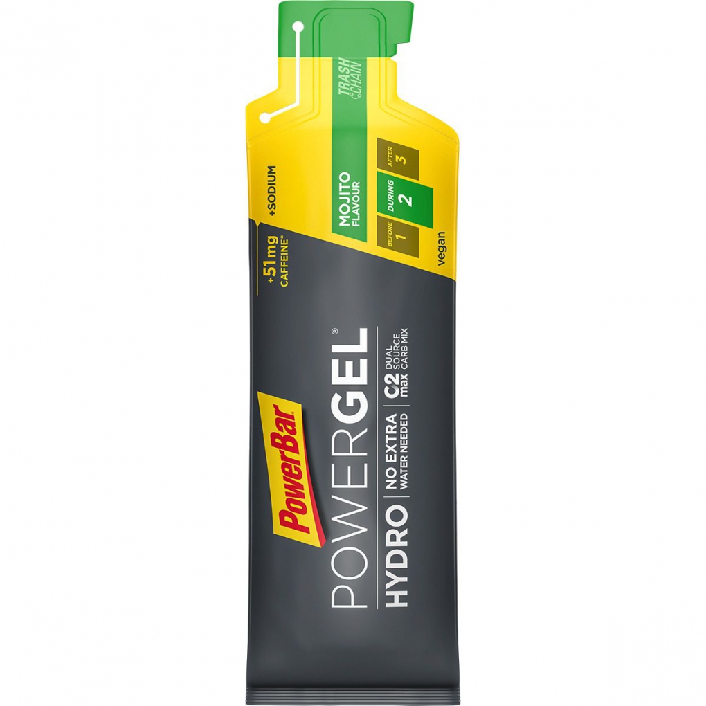 Embalagem de gel energético PowerBar PowerGel Hydro Extra sabor Mojito preto, amarelo e verde