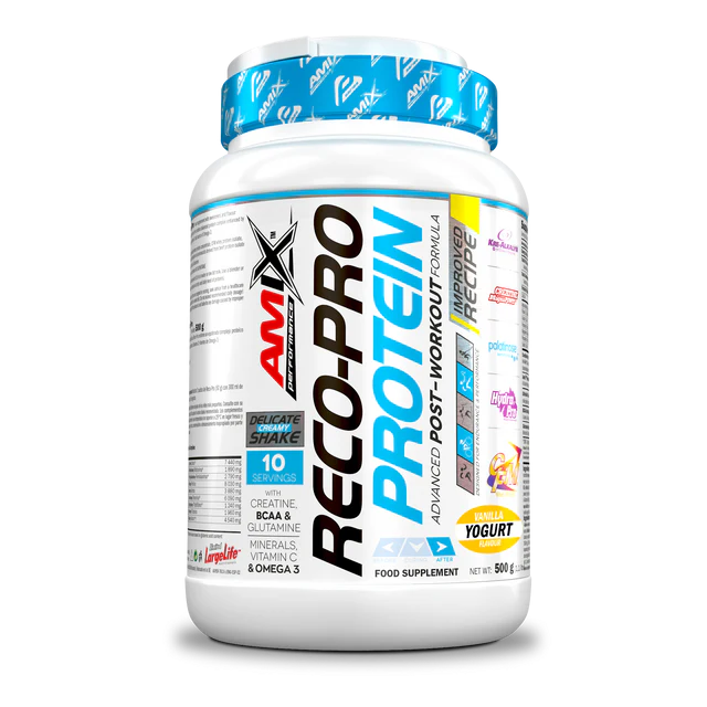 Frasco de suplemento alimentar AMIX RECO-PRO PROTEIN sabor Vanilla Yogurt