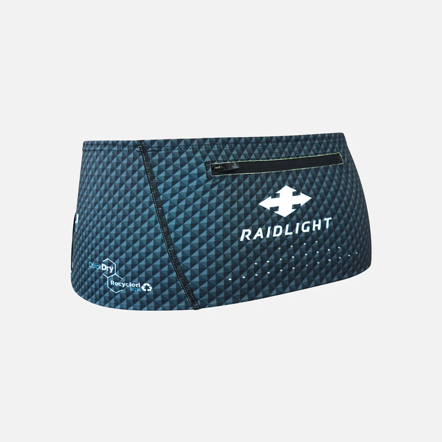 Cinto desportivo azul com padrão geométrico e bolso com fecho.