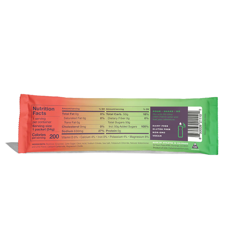 Embalagem colorida com informações nutricionais e texto em inglês