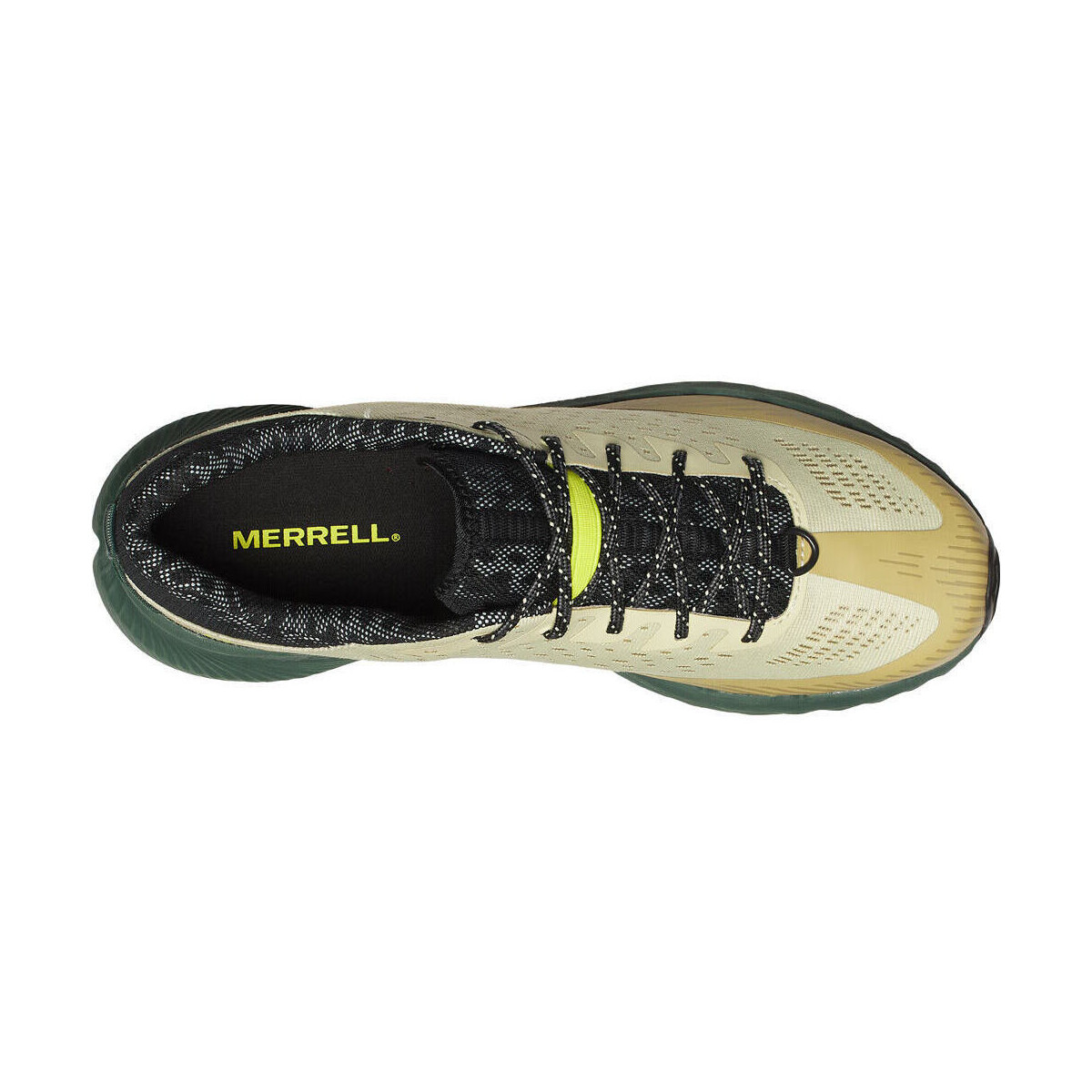 tênis desportivo bege preto verde com atacadores pretos e padrão branco, interior com padrão cinza e texto MERRELL amarelo