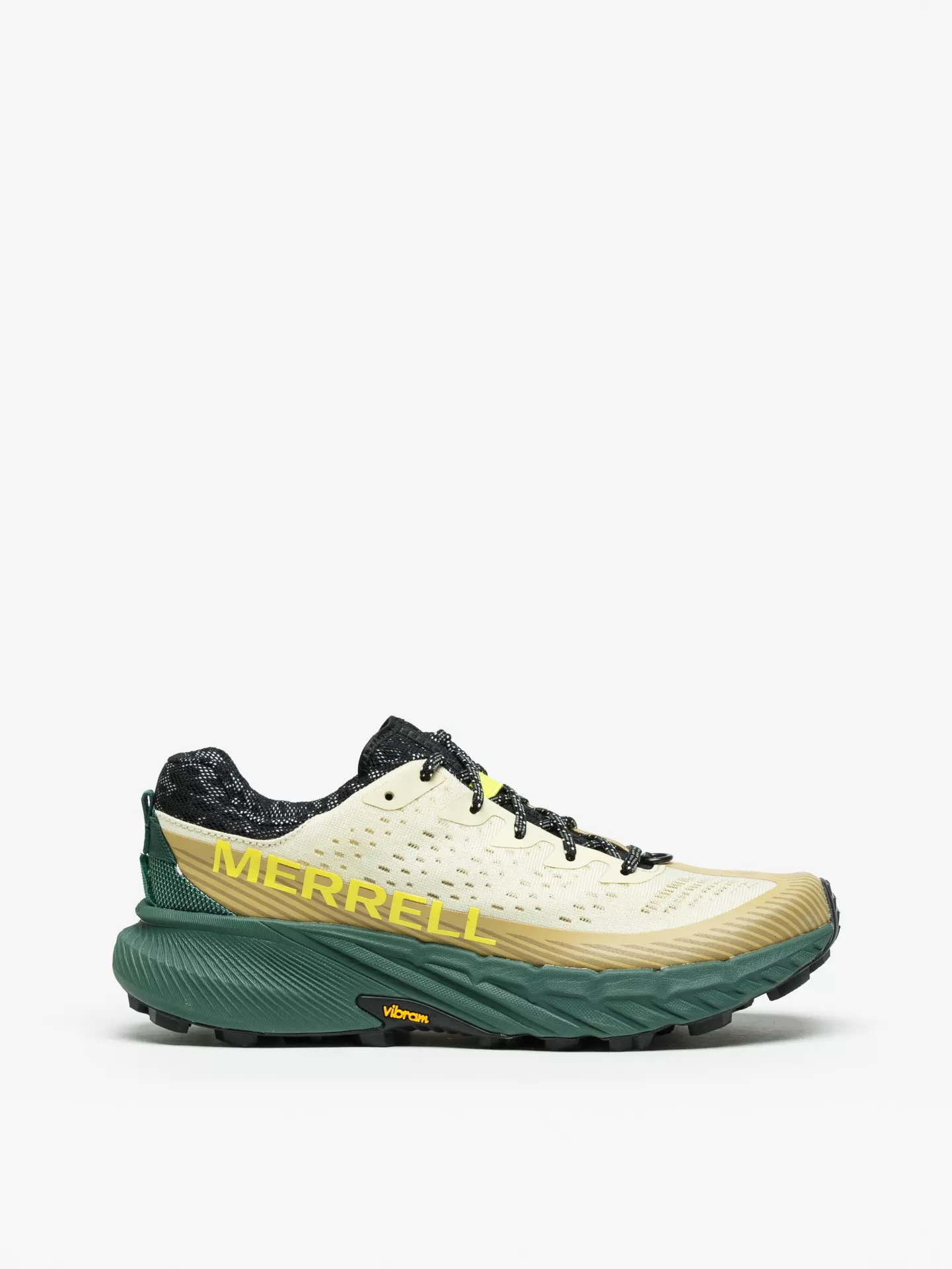 Ténis desportivos Merrell creme, verde e preto com sola Vibram e nome amarelo