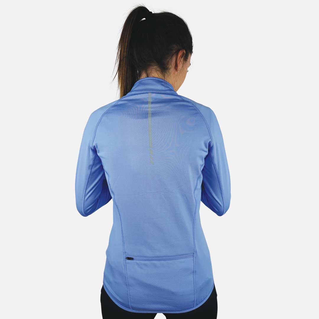 Camisola desportiva azul feminina de manga comprida vista de costas
